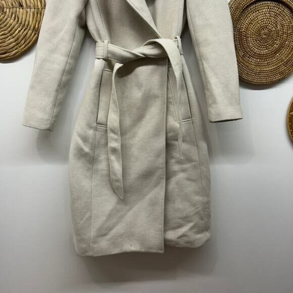 H&M Neutral Beige Tie Belt Long Mid Midi Winter Coat XS Minimalist Preppy - Picture 5 of 7